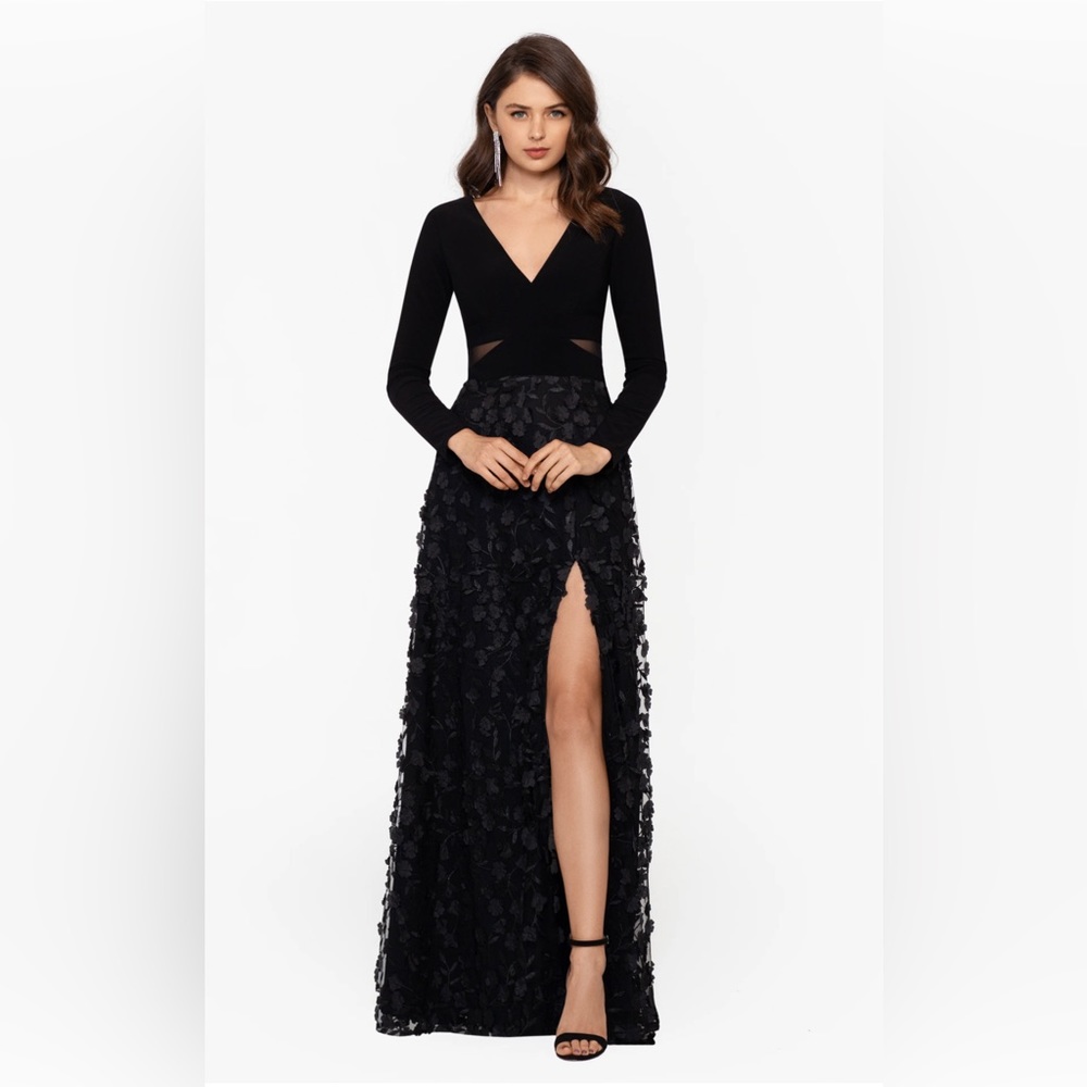 XSCAPE Long Sleeve Ruched Flower Dress- VGUC worn once
